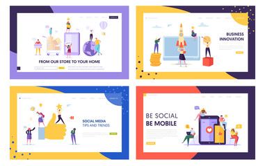 Social Media Mobile Tip and Trend Landing Page Set. Network Digital Business Innovation. Fast Delivery Service from Store to Home Website or Web Page. Flat Cartoon Vector Illustration