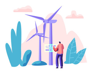 Alternative Energy Sources Concept with Wint Turbines and Worker Character. Environment Power Technology Renewable Energy. Vector flat illustration
