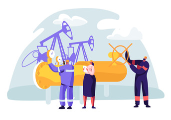 Oil and Gas Industry Concept with Man Character Working on the Pipeline. Oilman Worker on Production Line Petrol Refinery with Woman Check Quality Control. Vector flat illustration