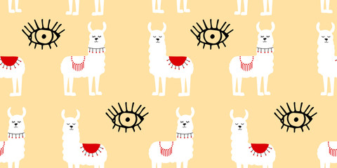 Seamless pattern with decorated  llamas in poncho and eyes. Trendy cartoon print. White animal on beige background.