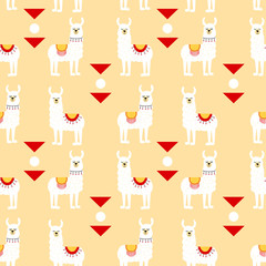Seamless pattern with llamas in poncho and graphic elements. Trendy cartoon print. White animal on beige background.