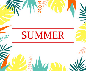 Summer wallpaper with tropical leaves palm, monstera, strelitzia. Floral background.