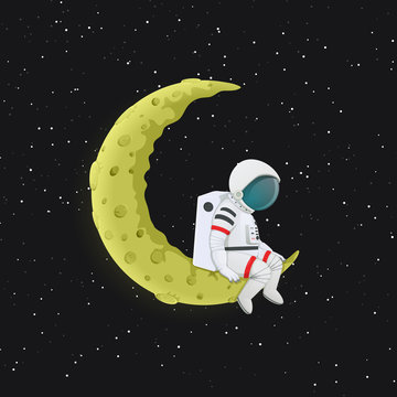 Cartoon astronaut sitting with legs dangling on the yellow crescent Moon. Outer space with stars in the background. Space travel, exploration illustration. Vector.