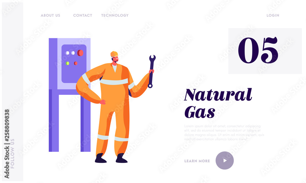 Poster man engineer with wrench service gas industry landing page. gasman in uniform and hardhat engineerin