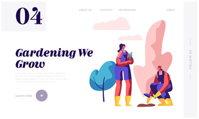 Fototapeta premium Woman Gardener with Shovel Planting Tree Landing Page. Girl Gardening with Garden Tool and Equipment. Female Worker Plant Nature in Land Website or Web Page. Flat Cartoon Vector Illustration