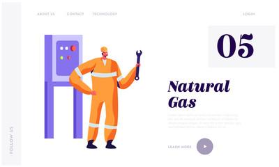 Man Engineer with Wrench Service Gas Industry Landing Page. Gasman in Uniform and Hardhat Engineering at Plant. Factory Mechanic Adjusting Website or Web Page. Flat Cartoon Vector Illustration