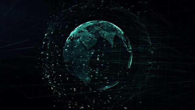global digital world, abstract 3D rendering of technology global data network surrounding earth conveying connectivity data flood of modern digital age