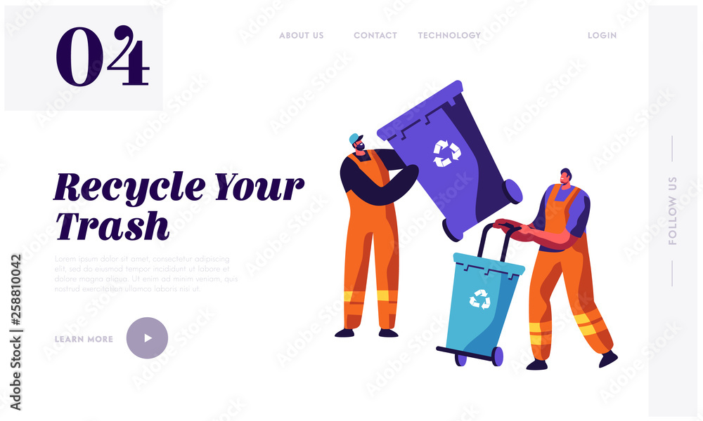 Aufkleber man collector cleaning trash from rubbish bin container with recycle sign landing page. garbage remo