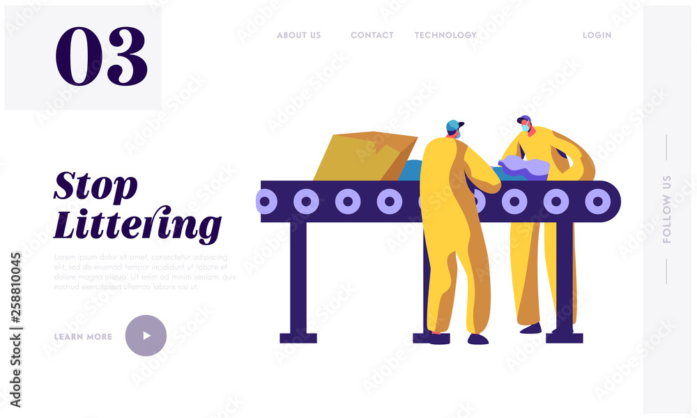 Aufkleber man separating litter and garbage on conveyor landing page. worker utilize rubbish to reduce environ