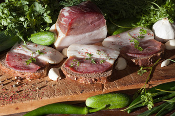 Macro view fat on wooden background.