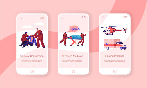 Professional Ambulance Team Care Health Mobile App Page Onboard Screen Set. Fast Transport Character From Accident And Transportation To Clinic Website Or Web Page. Flat Cartoon Vector Illustration