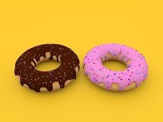 Delicious donuts on a yellow background. 3d render illustration..