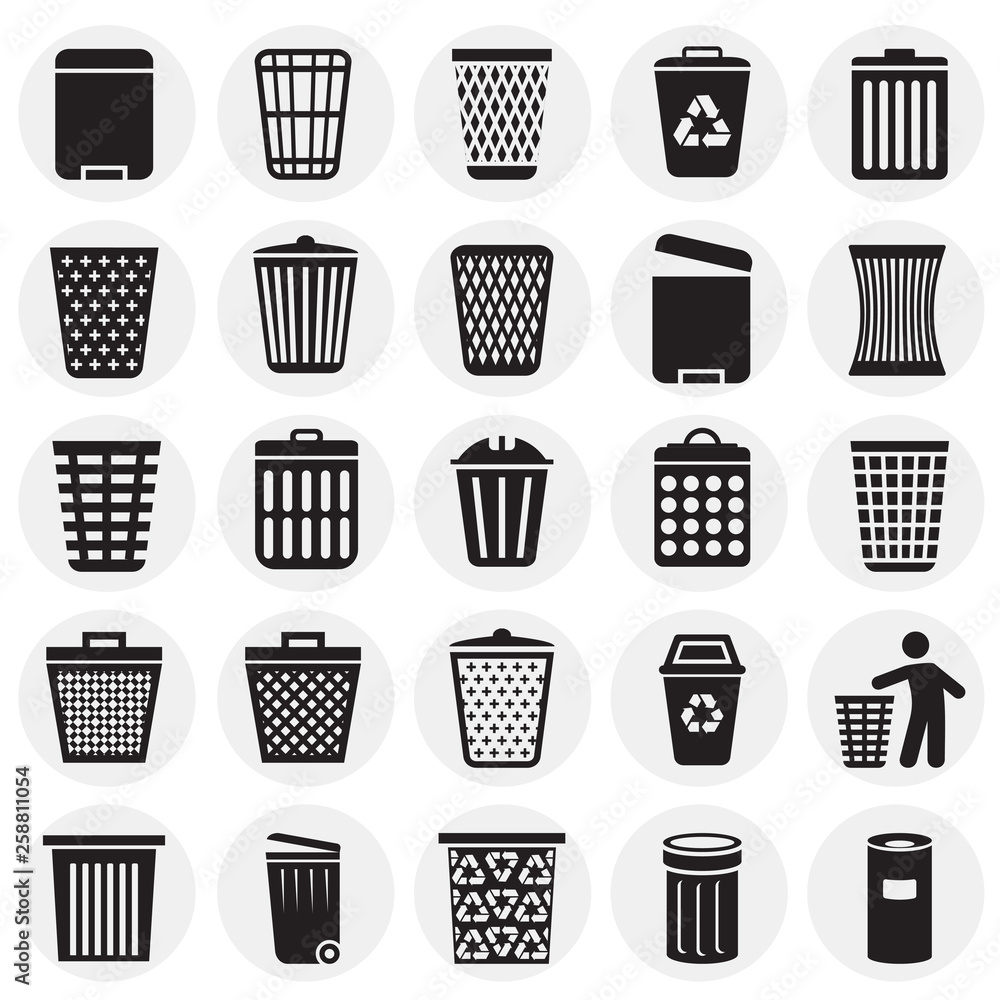 Poster trash bin icons set on circles background for graphic and web design. simple vector sign. internet c