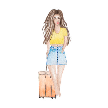 Cute girl with brown hair and suitcase in airport.summer trip,vocation,voyage.  Time to travel. Watercolor painted.Can be printed on T-shirts, bags, posters, invitations, cards, phone cases, pillows.
