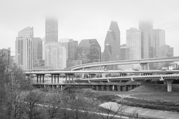Foggy view of the Houston skyline, in Houston, Texas