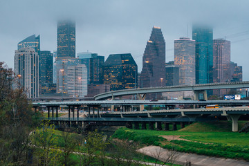 Foggy view of the Houston skyline, in Houston, Texas