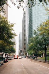 Modern buildings along McKinney Street in downtown Houston, Texas