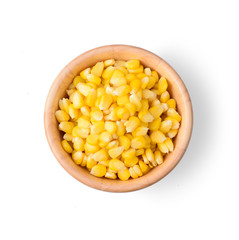 Top  view corn seeds in wood blow isolated on white background