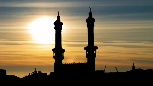 Masjidil Haram or Great Mosque of Mecca, Time Lapse at Sunset: the Islam's holiest and most visited mosque for all Muslims, the largest in the world, Saudi Arabia
