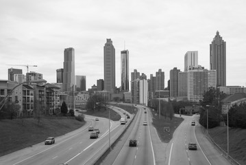 Black & white image of Freedom Parkway and the Atlanta skyline, in Atlanta, Georgia