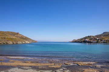 Greece. Kea island. Blue sky, calm sea water, Otzias bay