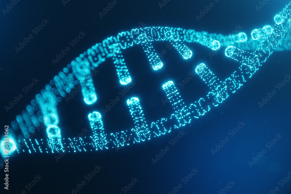 Poster artifical intelegence dna molecule. dna is converted into a digital code. digital code genome. abstr