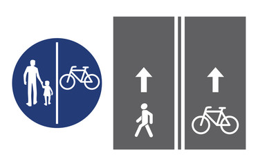 Road sign, pedestrian and bicyclist, vector illustration icon. Circular blue traffic sign. White image on the roadbed. white silhouette of people, man and baby girl, and bicycle