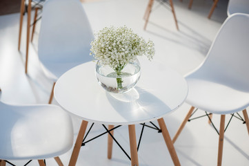 White chair and white flowers
