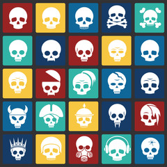 Skull icons set on color squares background for graphic and web design. Simple vector sign. Internet concept symbol for website button or mobile app.