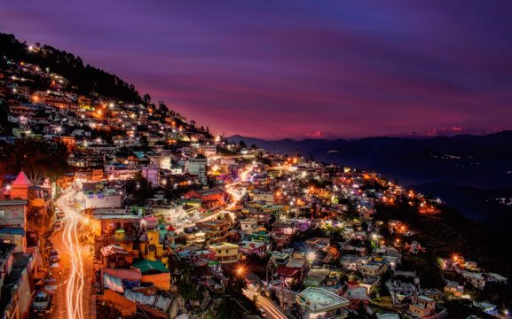 aerial view of the hill town at night