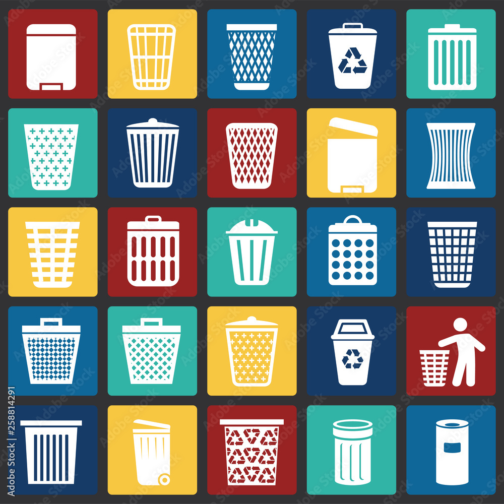 Poster trash bin icons set on color squres background for graphic and web design. simple vector sign. inter