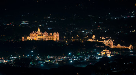 Aerial shot of Mysore city at night