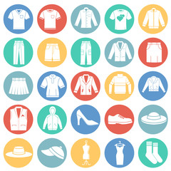 Clothing icons set on color circles white background for graphic and web design. Simple vector sign. Internet concept symbol for website button or mobile app.
