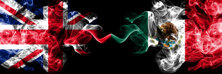 United Kingdom vs Mexico, Mexican smoky mystic flags placed side by side. Thick colored silky smoke...