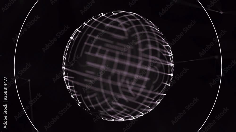 Poster abstract animation of geometric shape with moving neon lines, dots and spirals on black background. 