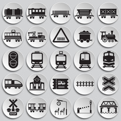 Railroad related icons set on plates background for graphic and web design. Simple vector sign. Internet concept symbol for website button or mobile app.