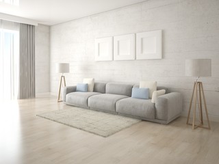 Mock up modern living room with wide gray sofa and hipster backdrops.
