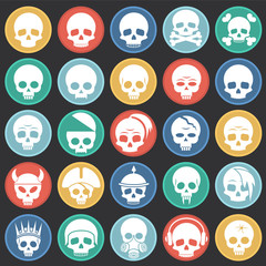 Naklejka premium Skull icons set on color circles black background for graphic and web design. Simple vector sign. Internet concept symbol for website button or mobile app.