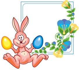 Flower frame with cute little bunny and Easter eggs