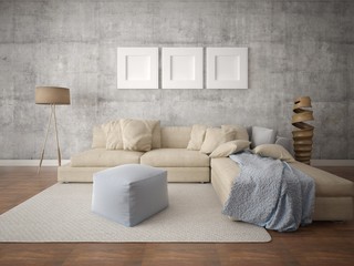 Mock up a stylish living room with a comfortable corner sofa and a modern hipster backdrop.