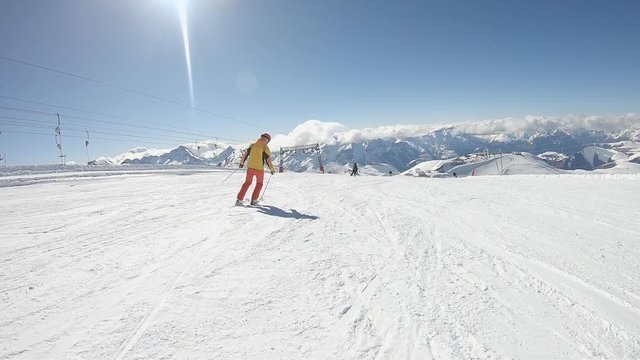 Professional Skier Skiing On Sunny Winter Day - Slow motion