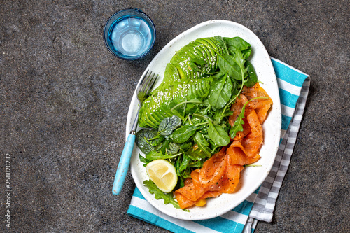 Low Carbs Salad Spinach Rucola Salad With Avocado And Salmon Black Concrete Background White Plate Top View Stock Photo And Royalty Free Images On Fotolia Com Pic 258820232
