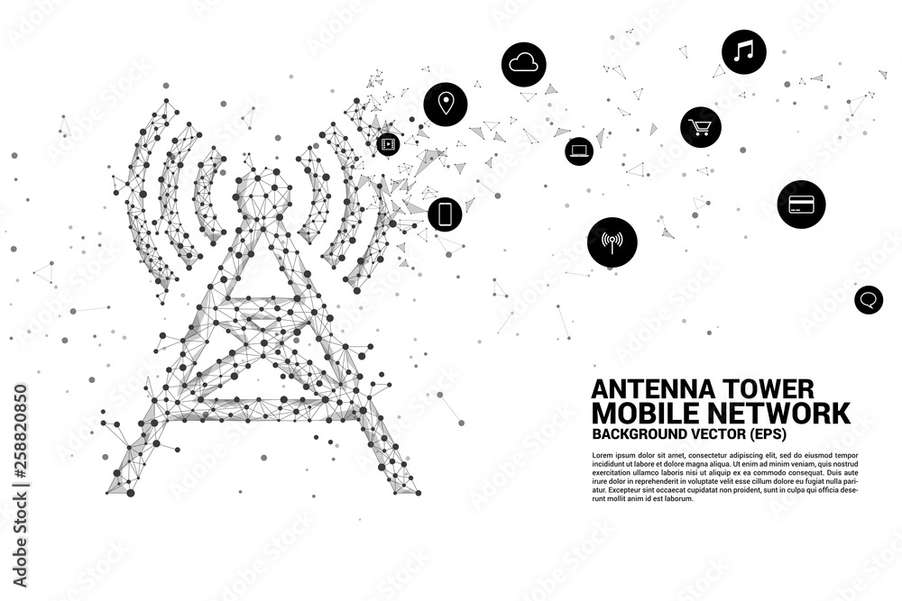 Poster antenna tower icon polygon style from dot and line connection. concept of telecommunication mobile a
