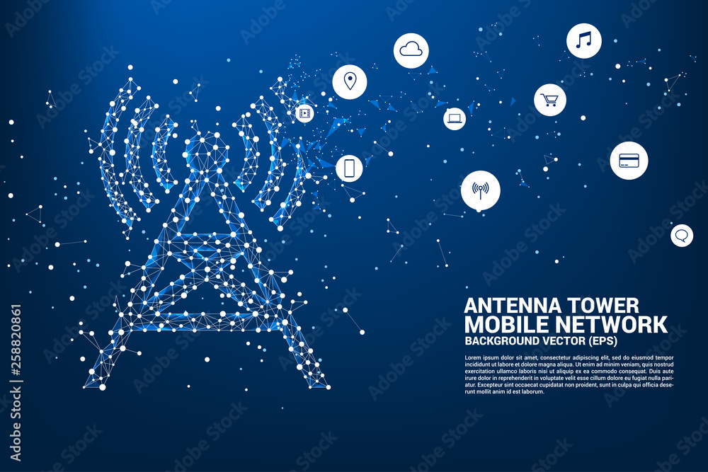 Poster antenna tower icon polygon style from dot and line connection. concept of telecommunication mobile a