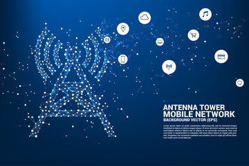 Antenna Tower icon polygon style from dot and line connection. Concept of telecommunication mobile and data technology