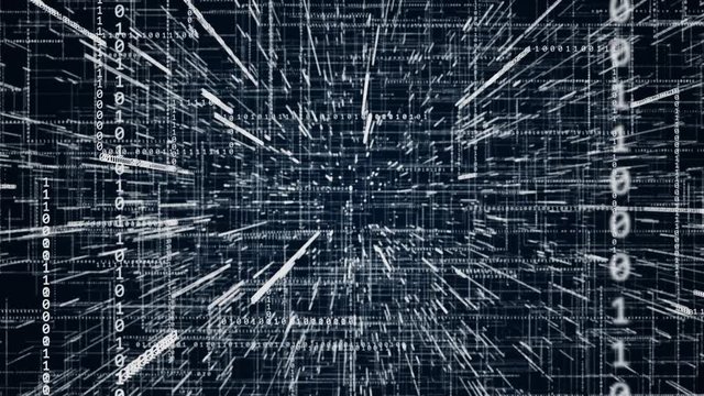 digital binary code background inside a microprocessor fly through abstract 3D rendering of a scientific technology data binary code