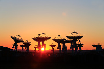 Observatory equipment, silhouette at sunrise