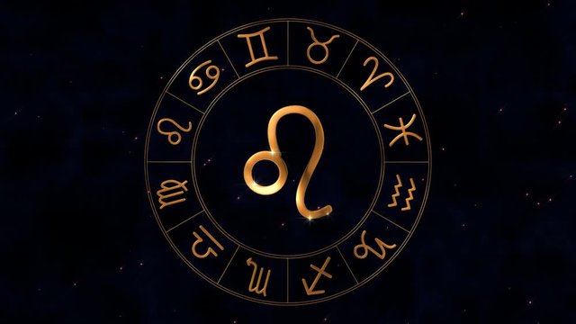 Golden zodiac horoscope spinnig wheel with Leo (Lion) sign in center
