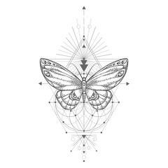 Vector illustration with hand drawn butterfly and Sacred geometric symbol on white background. Abstract mystic sign.
