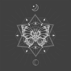Vector illustration with hand drawn butterfly and Sacred geometric symbol on black background. Abstract mystic sign.